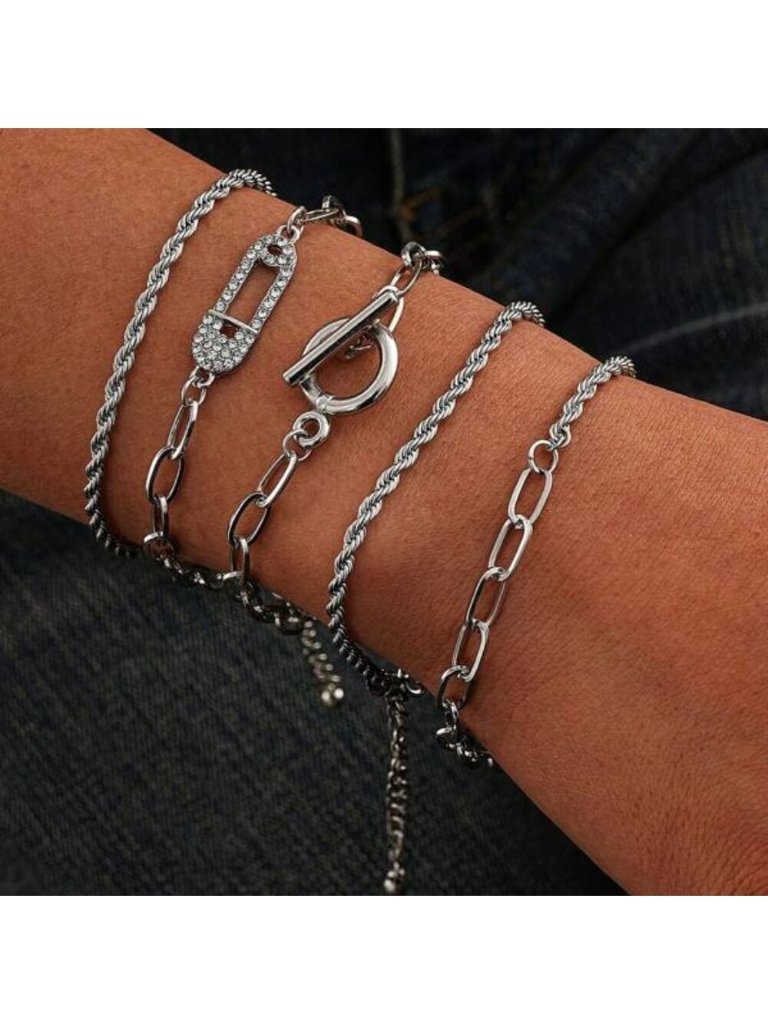 Silver Layered Chain Bracelet Set (4-Piece)